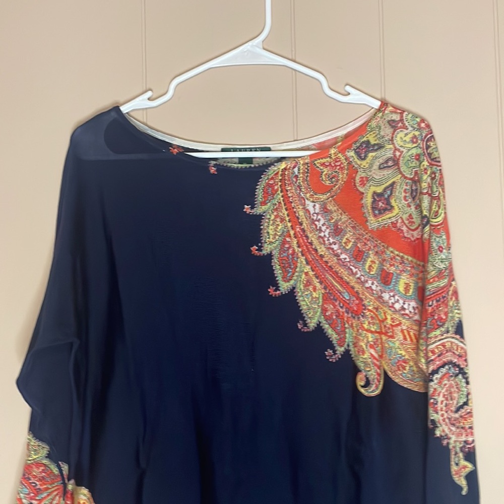 Lauren Ralph Lauren Navy Blue with Paisley Patterned Semi-Sheer Blouse Size XL - Picture 2 of 12